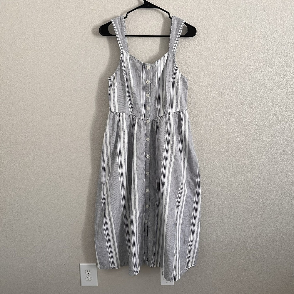Ana Medium Dress Smocked Maxi Linen Blend Striped Pockets Cottage Core